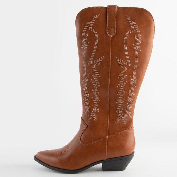 NEW๐ฅ Cognac Embroidered Cowboy Western Boots Knee High Low Block Heel Pull-On - Picture 6 of 7